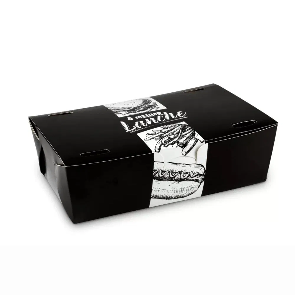 Envase desechable de cartón para comida rápida a medida, con hamburguesa de nuggets de pollo frito negro y papas fritas, con logo