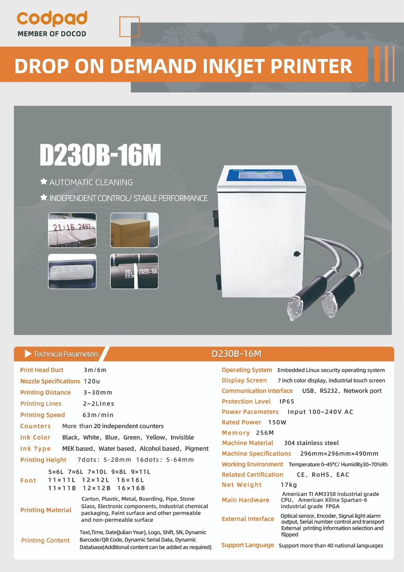 Docod Dod Drop-on-Demand Inkjet Coding Printer D230 Series Large Character Barcode Batch Date Printing Machine for Board Metal