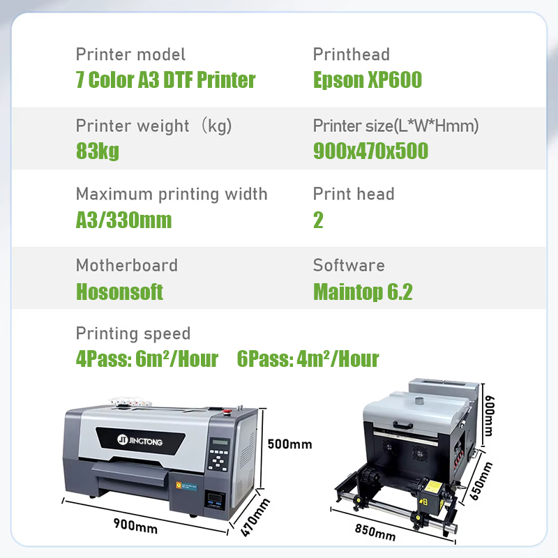 Dual XP600 Printhead A3 T Shirt Printer Pet Film Roll to Roll Printing Machine with 7 Colors Dtf Ink System