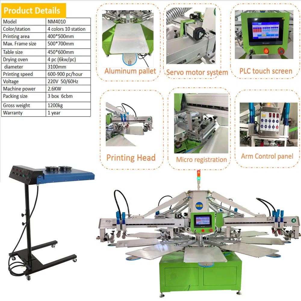 Automatic 4 Color 10 Stations Screen Printing Equipment with Flash Dryer