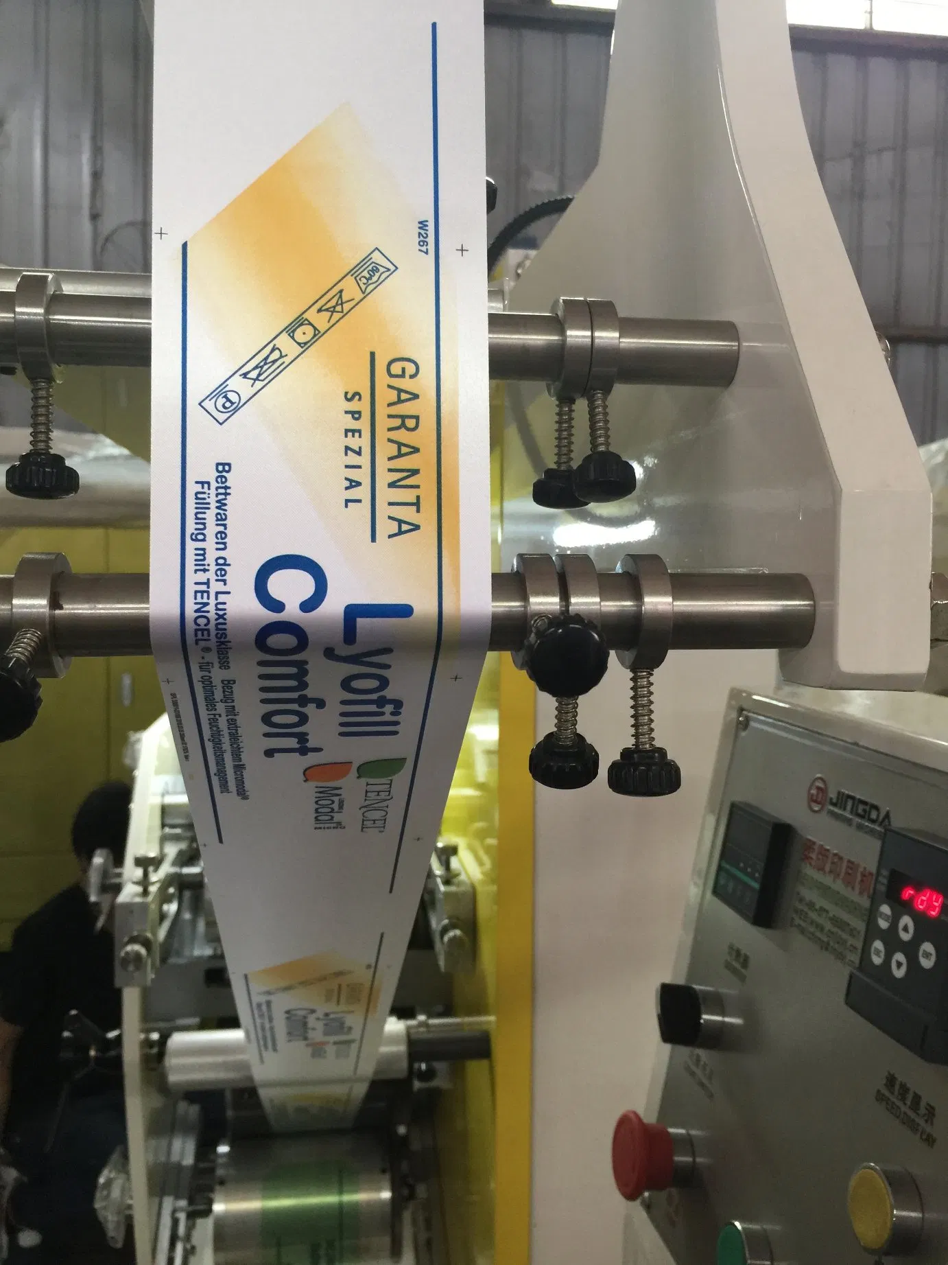 Jr-1521 Mini Size Desktop Satin Ribbon Garment Care Label Flexo Printing Machine Front 2 Color Back 1 Color for Polyester Nylon Taffeta, Cotton Tape