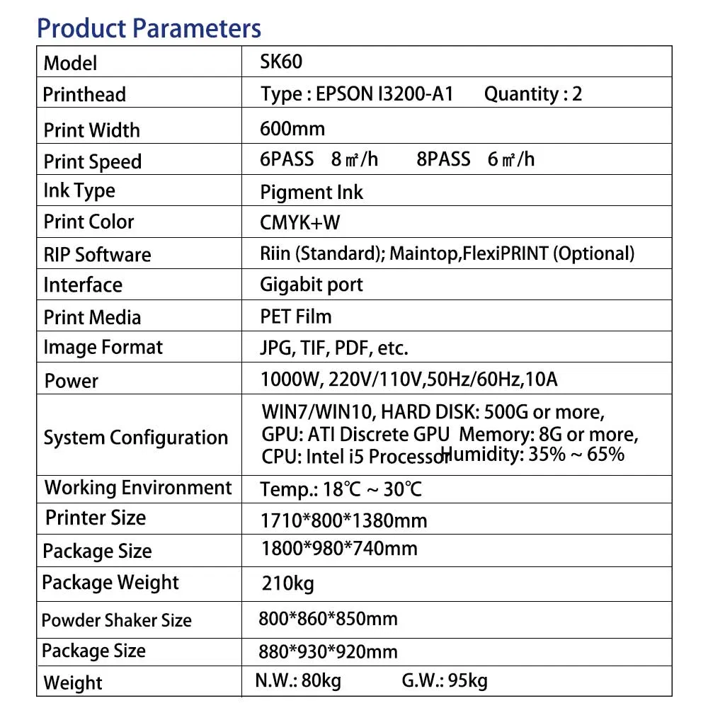 Sunika High Quality Transparent Pet Film Transfer 60 Cm Fabric White Ink Dtf Printer T-Shirt Printing Machine with Dual I3200 Printheads