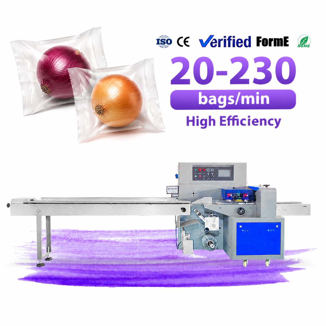 Onion Packing Horizontal Bagging Belt Packed Vegetable Pouch Flow Wrapping Machine