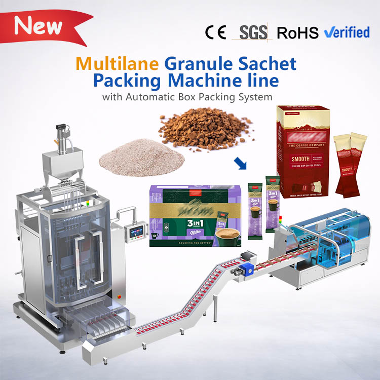 Automatic Multi-lane Vertical Instant Freeze Dried 3 in 1 Coffee Stick Sachet Packing Cartoning Machine Line