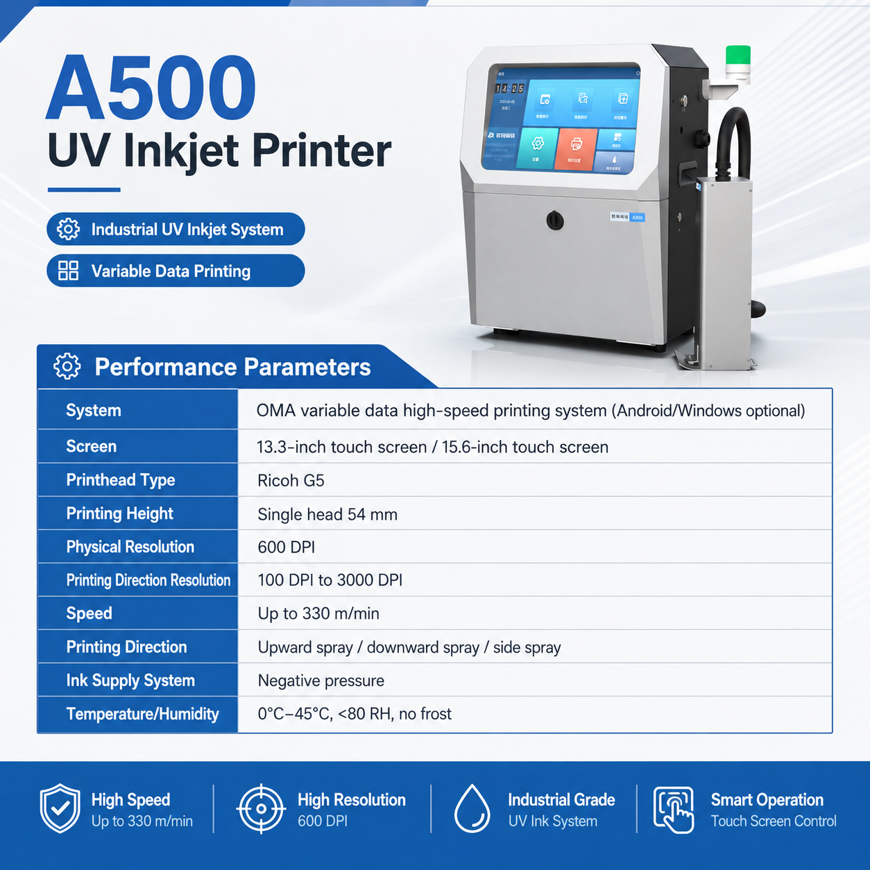 A500 330m/min Ultra Fast UV Inkjet Printing Machine Specifications Chart
