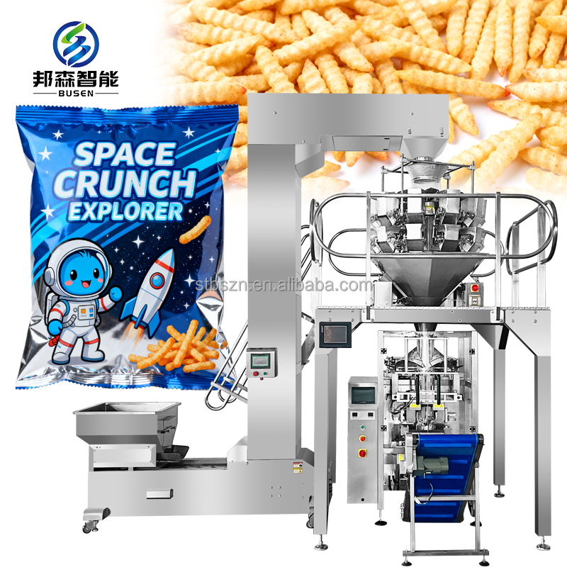 Shrimp Crackers Automatic Vertical Form Fill Seal Packing Machine Collar Type Back Side Sealing Prawn Crackers Weigher Packing
