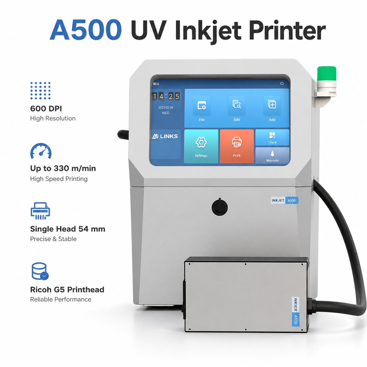 A500 330m/min Ultra Fast UV Inkjet Printing Machine for High Speed Production Line Ricoh G5 Coder for Bottle Box PVC Pipe