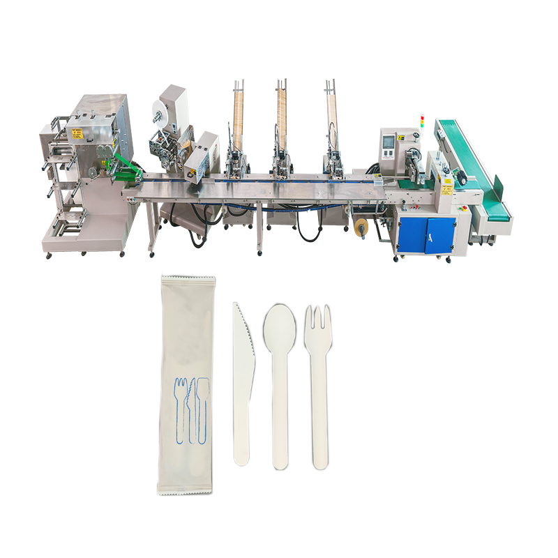 3 Side Sealing Horizontal Flow Wrap Machine For Plastic Wooden Biodegradable Disposable Tableware PLC Touch Screen Control