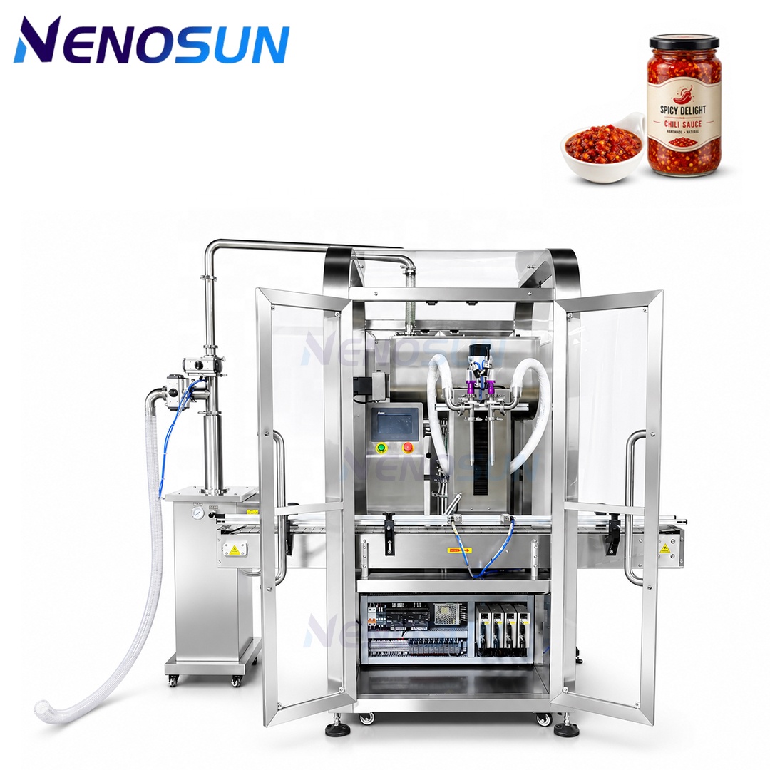 NENOSUN Dust Cover 2 Heads Servo Piston Diving Filling Machine 2 Nozzle Volumetric Dosing Pump Liquid Paste with Granules