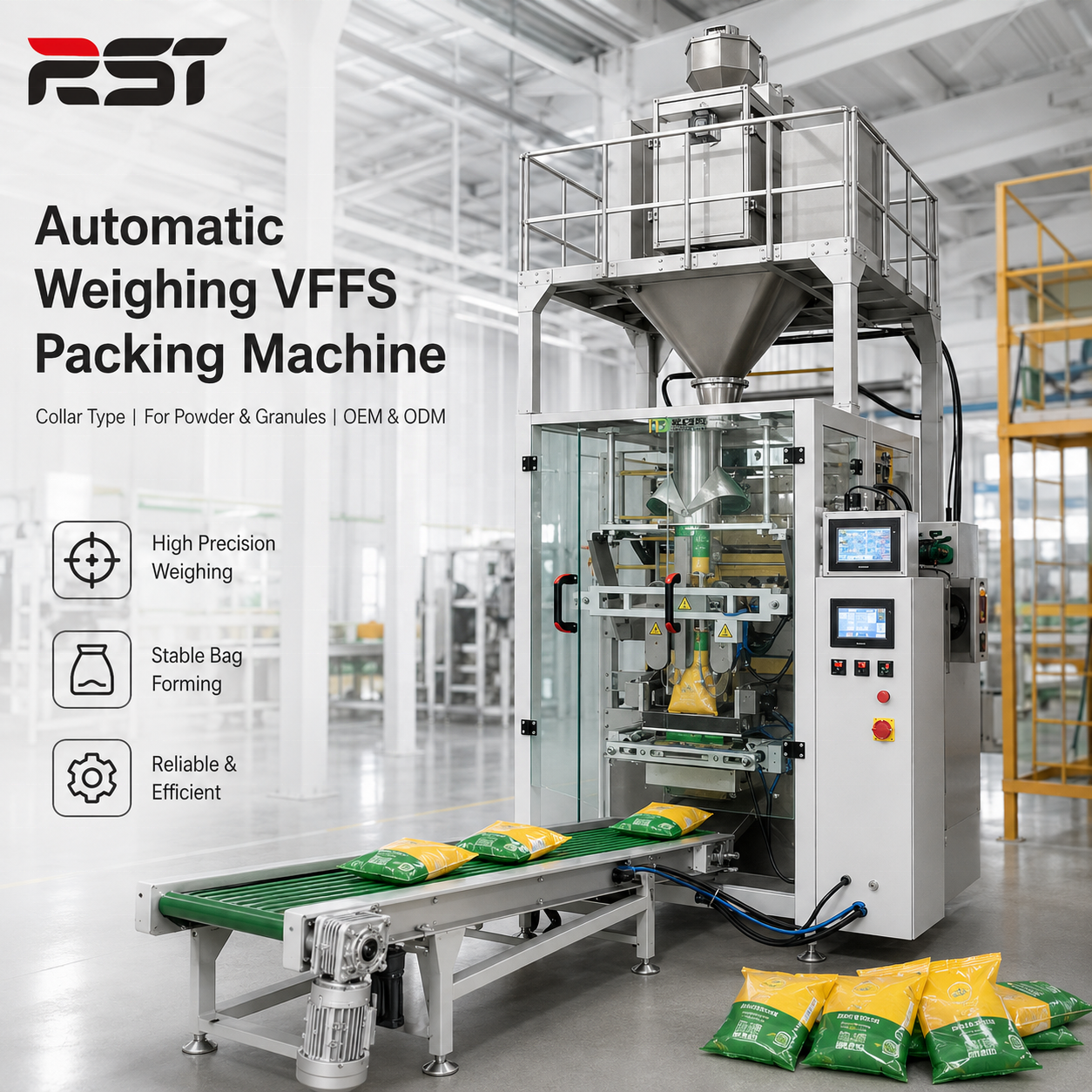 VFFS Vertical Form Fill Seal Packing Machine for Powder Granules Rice Seeds Feed