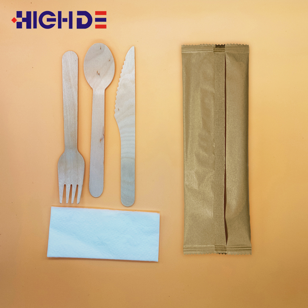 3 Side Sealing Horizontal Flow Wrap Machine For Plastic Wooden Biodegradable Disposable Tableware PLC Touch Screen Control