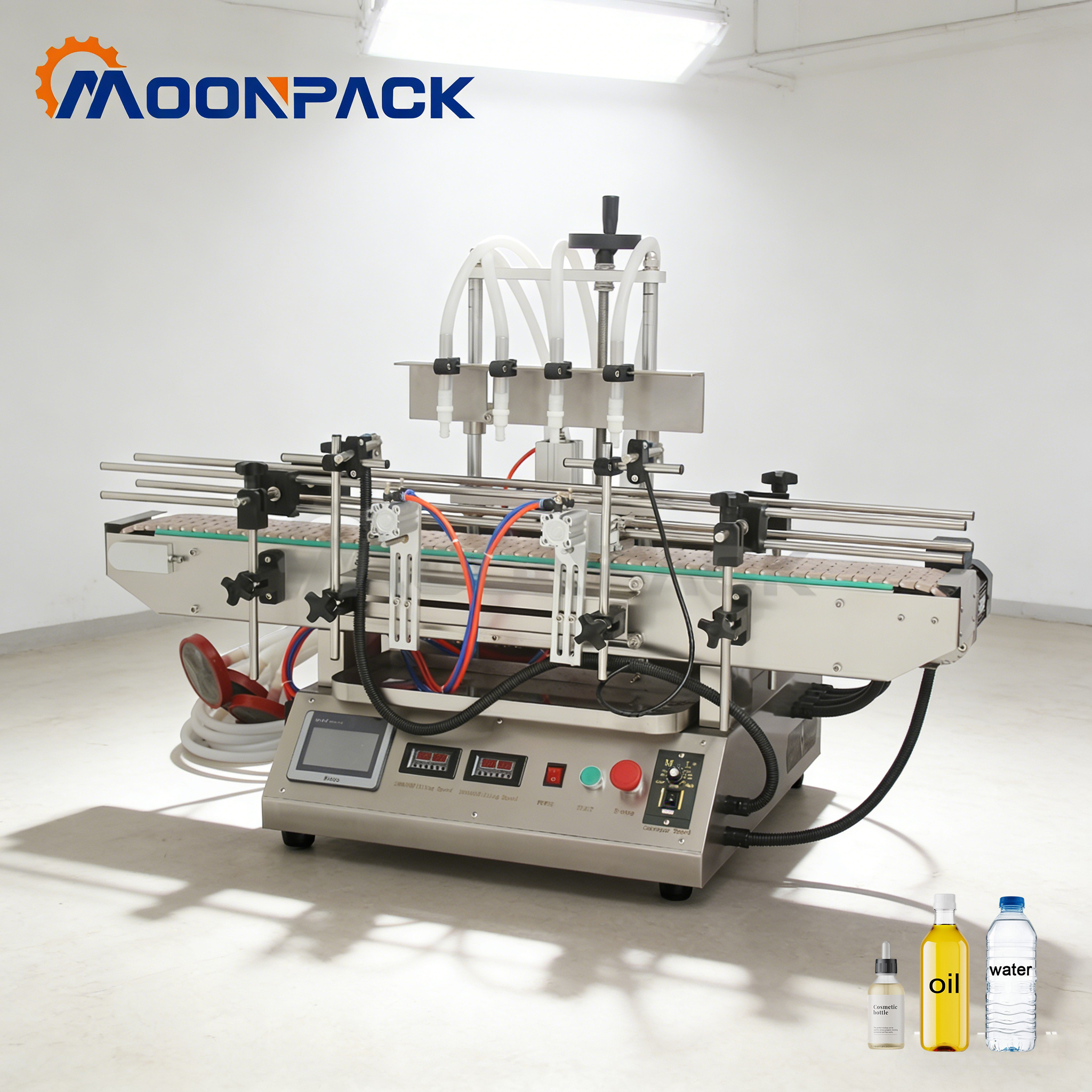 Moonpack TFM-120Y Filling Machine Auto 4 Head Liquid Desktop With Conveyor Piston Pump Filler For Bottles Jars Filling Machine