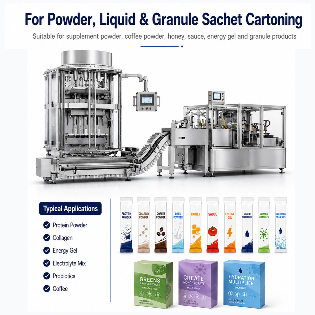 KL Automatic Vertical Multi-Lane Powder Stick Sachet Carton Packing Machine Line Sachet Cartoner