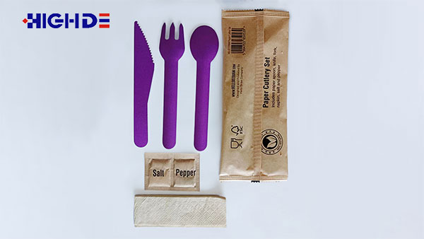 Adjustable Mixed Cutlery Flow Wrap Machine For Plastic Wooden Biodegradable Spoon Fork Knife With Napkin Toothpick Salt Pepper