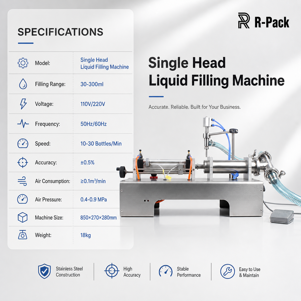 Single Head Piston Liquid Filling Machine 110V 220V 30-300ml &plusmn;0.5% Accuracy for Water Oil Juice Bottle DY-300
