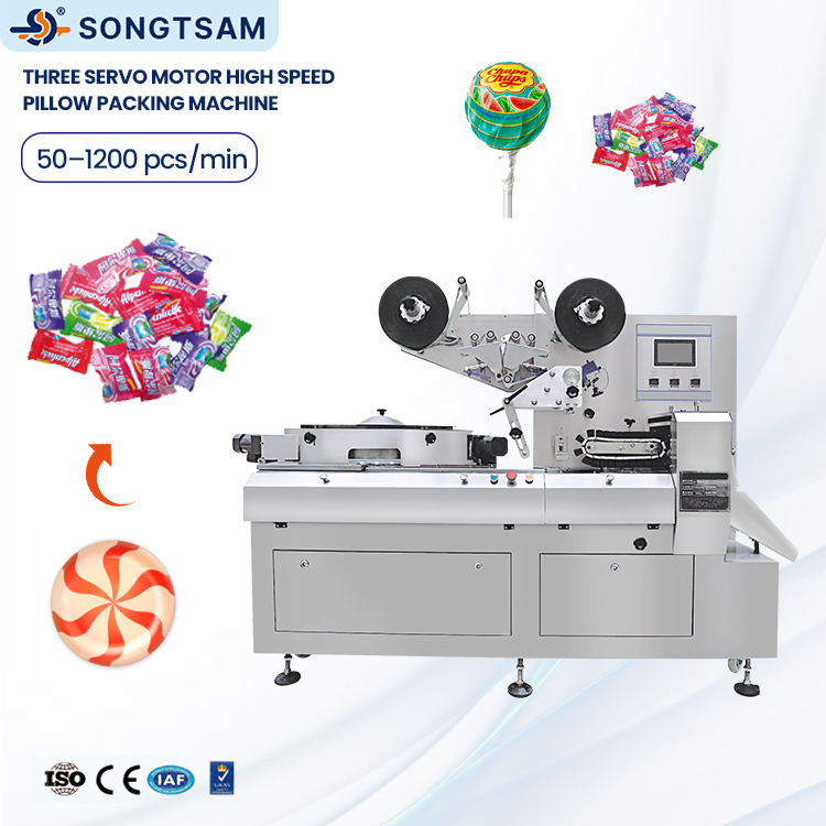 High Speed Soft Cotton Jelly Hard Candy Packing Lollipop Chocolate Peanuts Ball Horizontal Packaging Flow Wrapping Machines