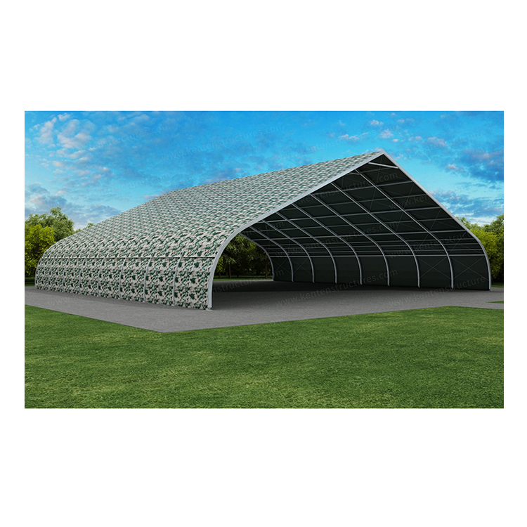Prefabricated 4m Eave Height Large Arch Warehouse Tent 1600sqm Aluminum Frame Industrial Storage Marquee With Camouflage Cover