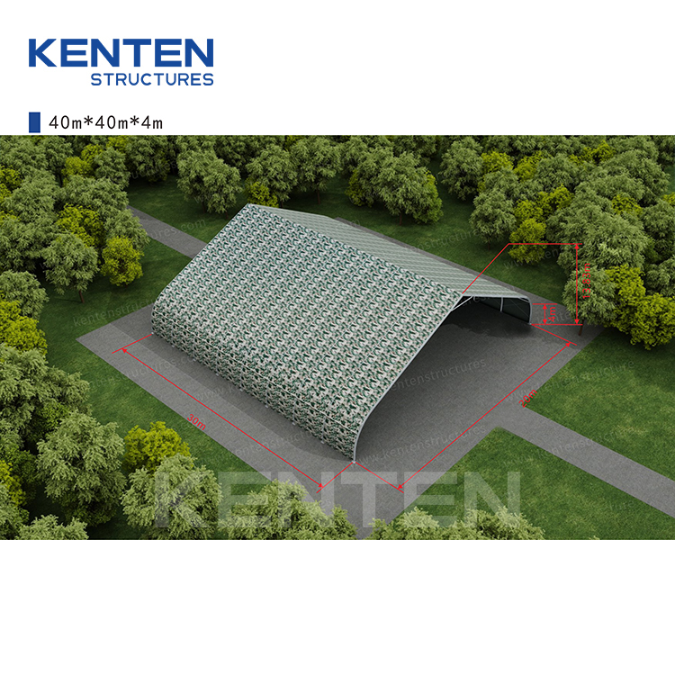 Prefabricated 4m Eave Height Large Arch Warehouse Tent 1600sqm Aluminum Frame Industrial Storage Marquee With Camouflage Cover