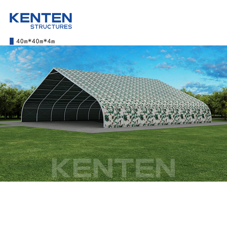 Prefabricated 4m Eave Height Large Arch Warehouse Tent 1600sqm Aluminum Frame Industrial Storage Marquee With Camouflage Cover