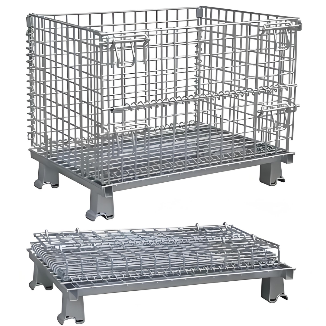 Folding Collapsible Rigid Steel China Warehouse Secure Cargo Wire Mesh Metal Storage Equipment Container Cage With 4 Wheels