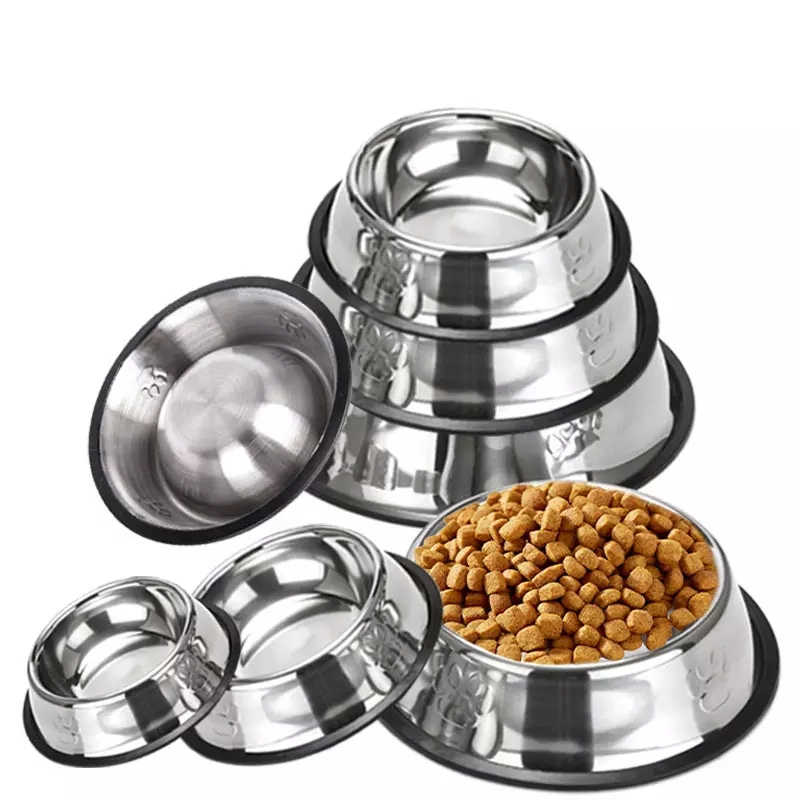 Dog Dishes Stainless Steel Dog Food Water Bowl Large/Small Metal Rubber Base Cat Bowl Non Slip Pet Bowl 16/18/22cm Size