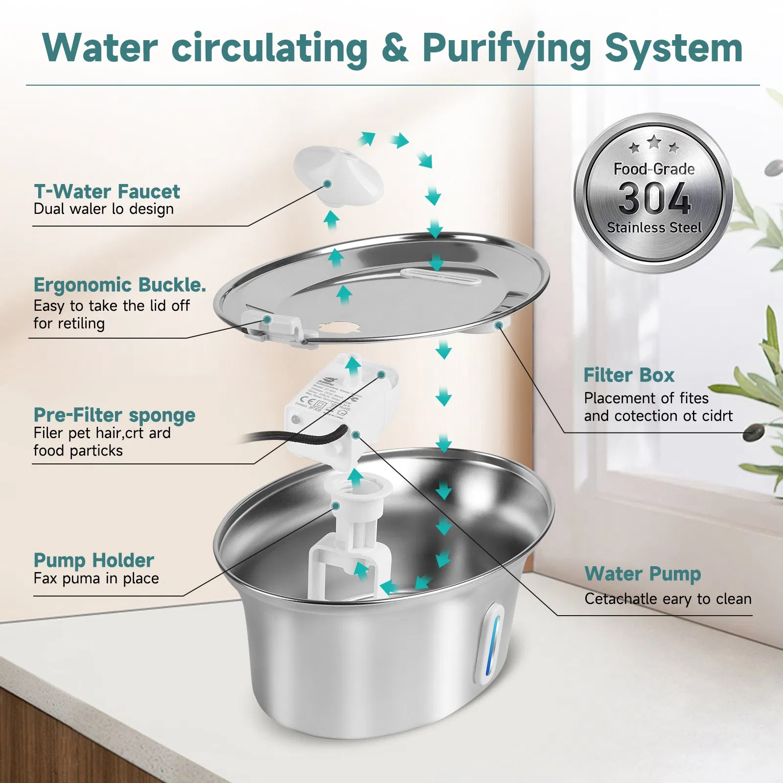 108oz 3.2L Pet Feeding Water Fountain with Water Level Window