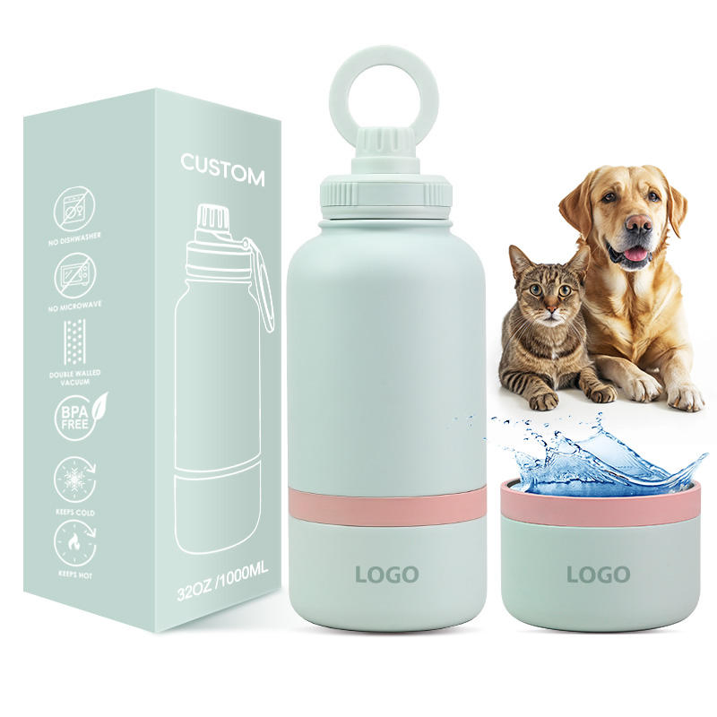 OEM 2 in 1 Double Walled Stainless Steel Vacuum Insulated Outdoor Dog Water Bottle with Bowl Pet Feeders