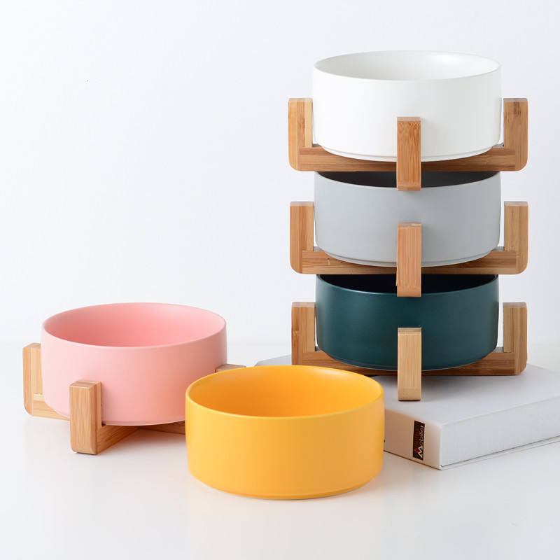 Rena Pet Factory Price Modern Colorful Durable Food Safe Ceramics with Wood Bottom Non-Slip Round Pet Bowl