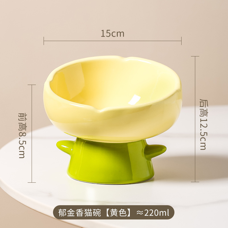 Tulip Design Ceramic Elevated Cat Bowl, Anti-Spill Pet Feeding Dish, Comfortable Neck Protection Food Water Bowl