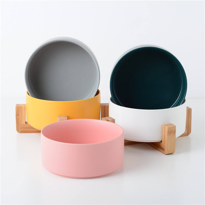 Rena Pet Factory Price Modern Colorful Durable Food Safe Ceramics with Wood Bottom Non-Slip Round Pet Bowl