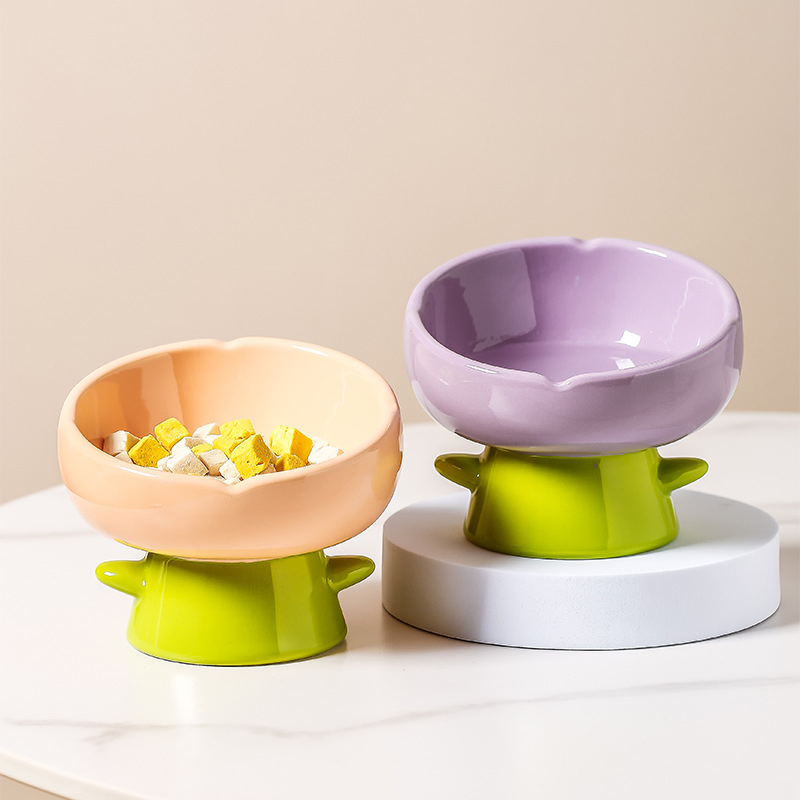 Tulip Design Ceramic Elevated Cat Bowl, Anti-Spill Pet Feeding Dish, Comfortable Neck Protection Food Water Bowl