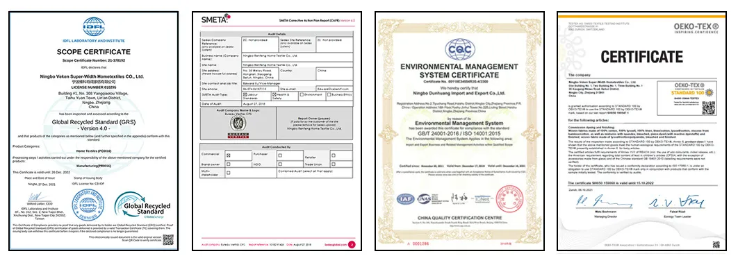 Oeko Tex Standard 100 / Grs / BSCI / Sedex Certifications
