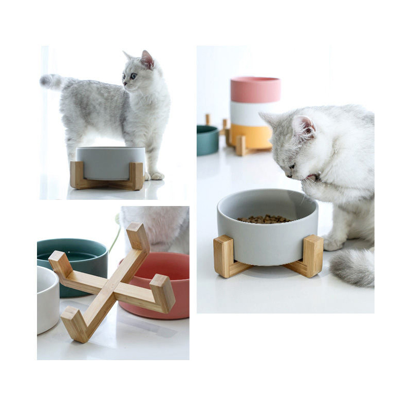 Rena Pet Factory Price Modern Colorful Durable Food Safe Ceramics with Wood Bottom Non-Slip Round Pet Bowl