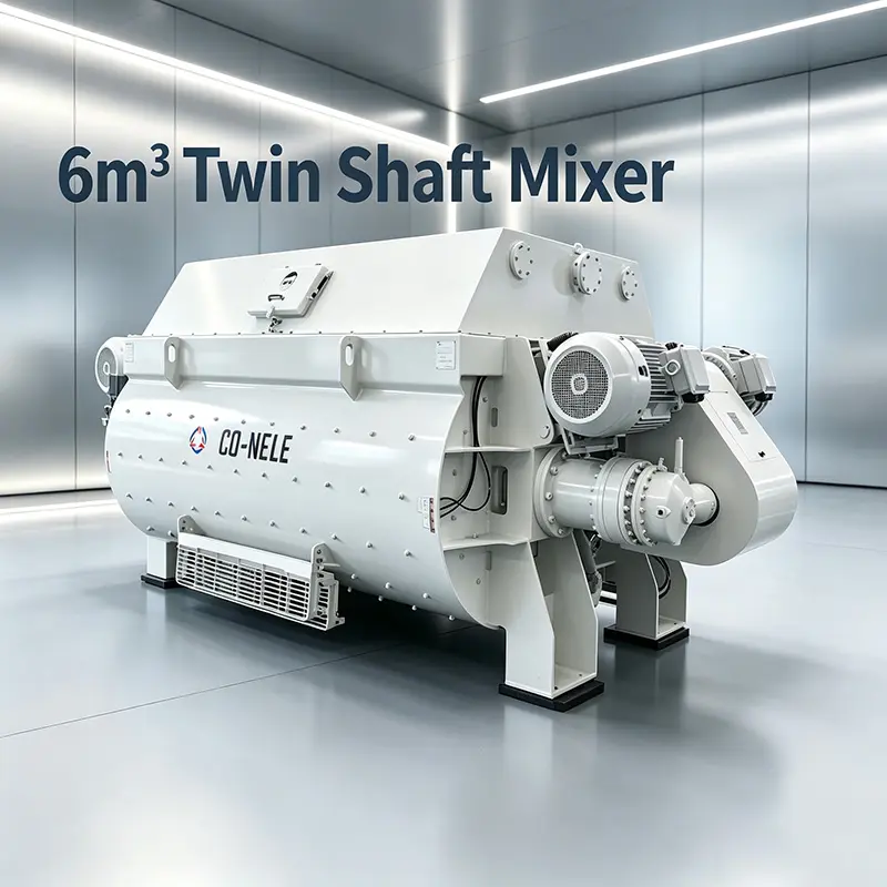 6 cubic metre twin shaft compulsory concrete mixer with dual discharge gates