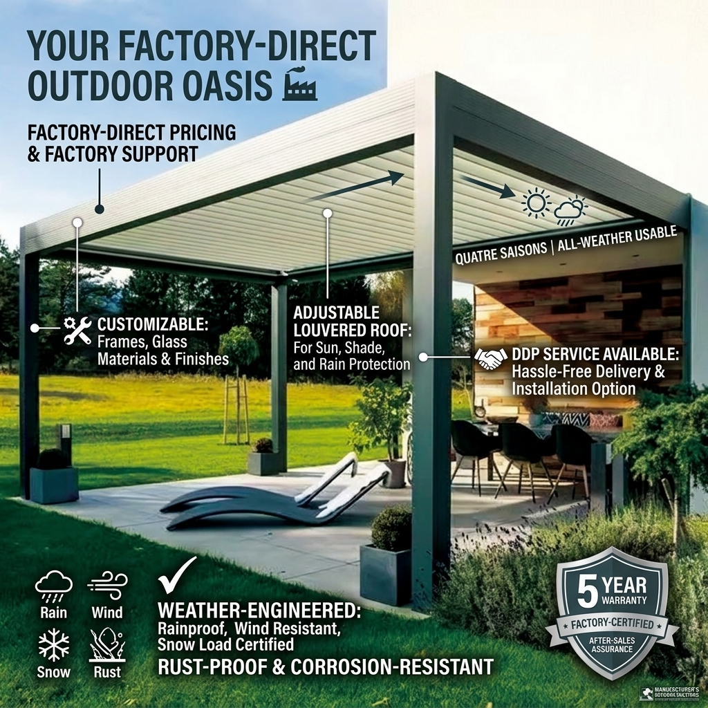 Sunroom Outdoor Dining Premium Retractable Heavy Duty Iron Aluminum Motorized Louvered Skylight Blinds Pergola