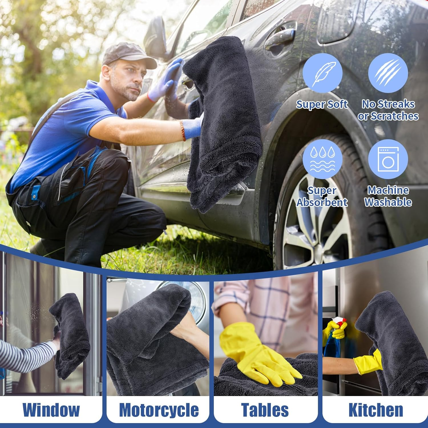 OEM/ODM 1200gsm 1400gsm 1600gsm 2000gsm Twisted Loop No Lint No Swirls Ultra-Soft Supper Absorbent Microfiber Car Drying Towel