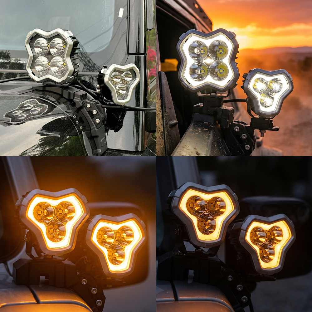 90W 9900LM Tri Spot Auxiliary Light With Amber White DRL Chasing Modes 4 Inch 4x4 Offroad A-pillar Hood Hinge Lights For Trucks