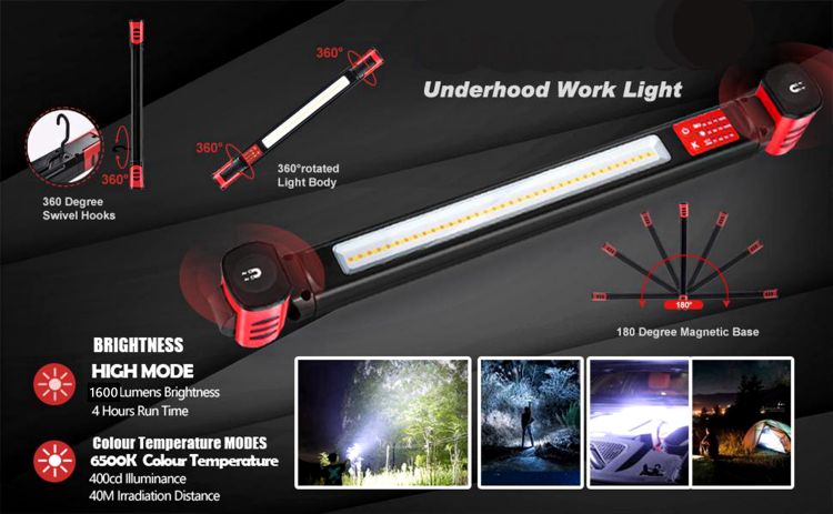Customizable 1600lm Portable Hood Light 360 Degree Mechanical Light With Magnetic And Hook Car Maintenance LED Work Light