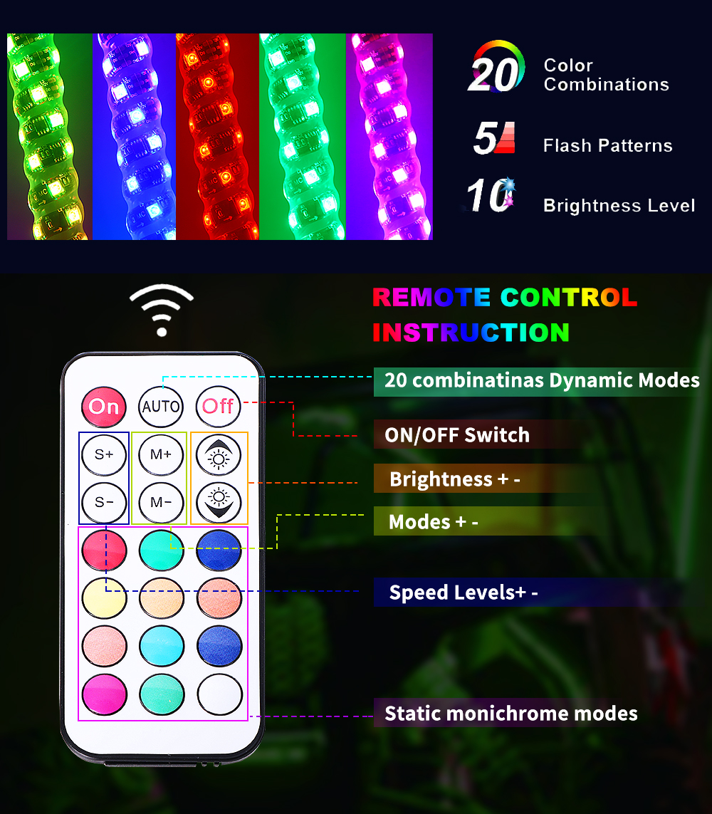 LOYO Spiral Rgb Color Boat Car Antennas Offroad Led Light Up For Car Rzr Utv Atv Flag Pole Led Light RGBW Whip Light