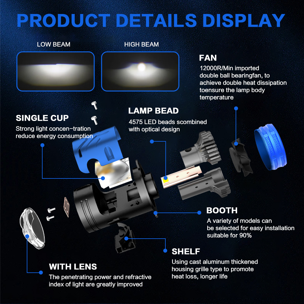 Raych M01Y 130W 15000LM Led Laser Projector Len Headlight H4 6000k Automotive Lighting System for Universal Car Led Light Bulb