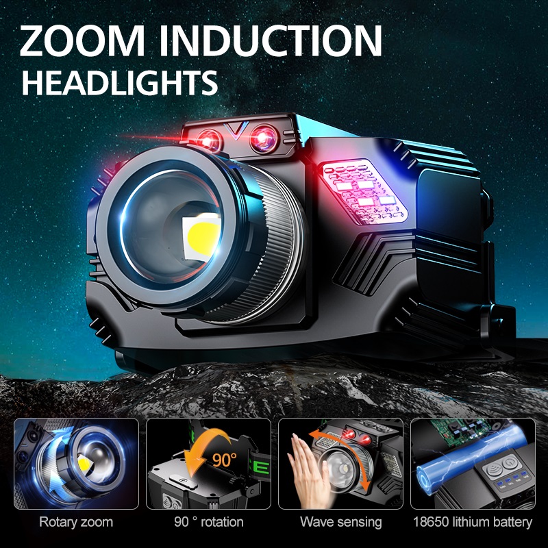 Smart Sensor Headlight Rotate Zoom Good Quality Modern Outdoor 3 Modes Rechargeable Led Head Torch Headlamp