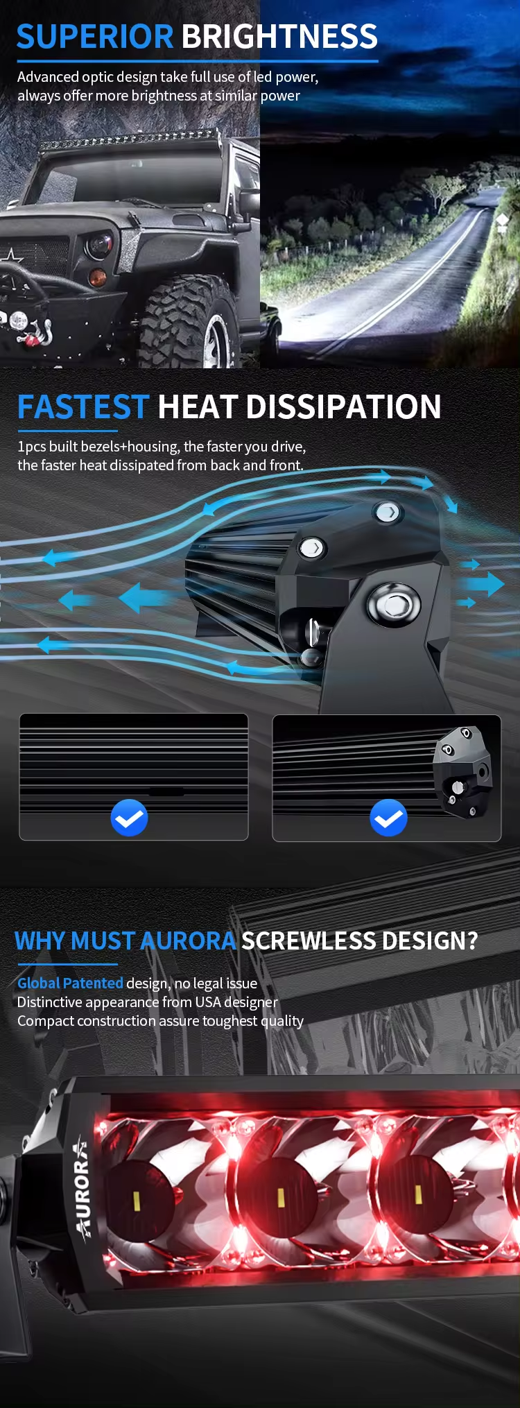 In Stock Aurora Patent Screwless RGB Light Series Dual Row 4X4 Off Road Universal Car LED Light Bar