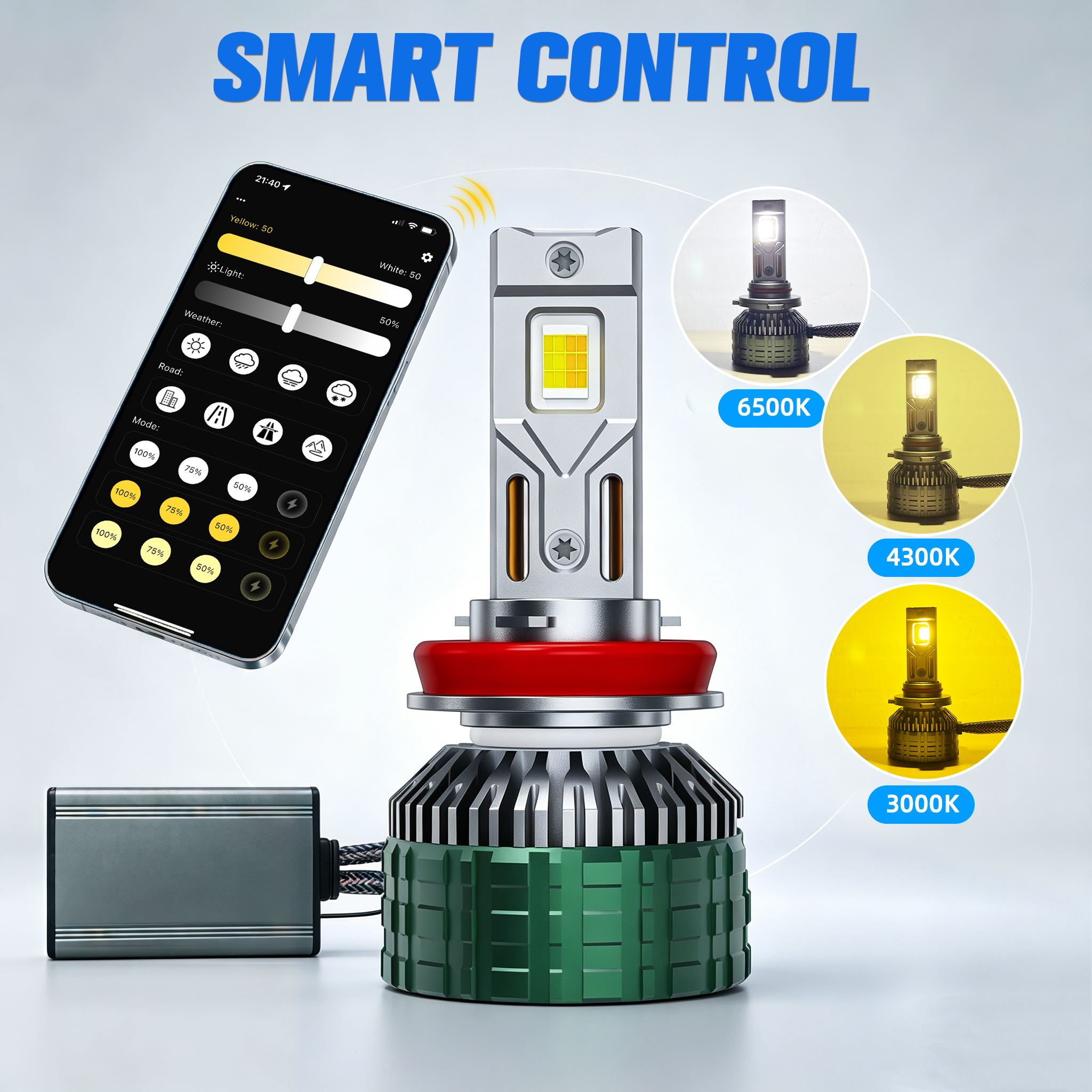 Smart RGB APP Control 12V 170W 6500K LED Headlight H9 H11 H8 9005 9006 H16 H7 H4 Dual Copper Tube High/Low Beam Bulb