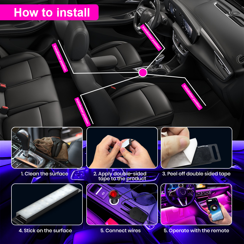 YiLaie Car LED Lights Interior Mutill Color LED Light with APP and DIY Mode Music Sync USB Under Dash Lighting Kit for Cars