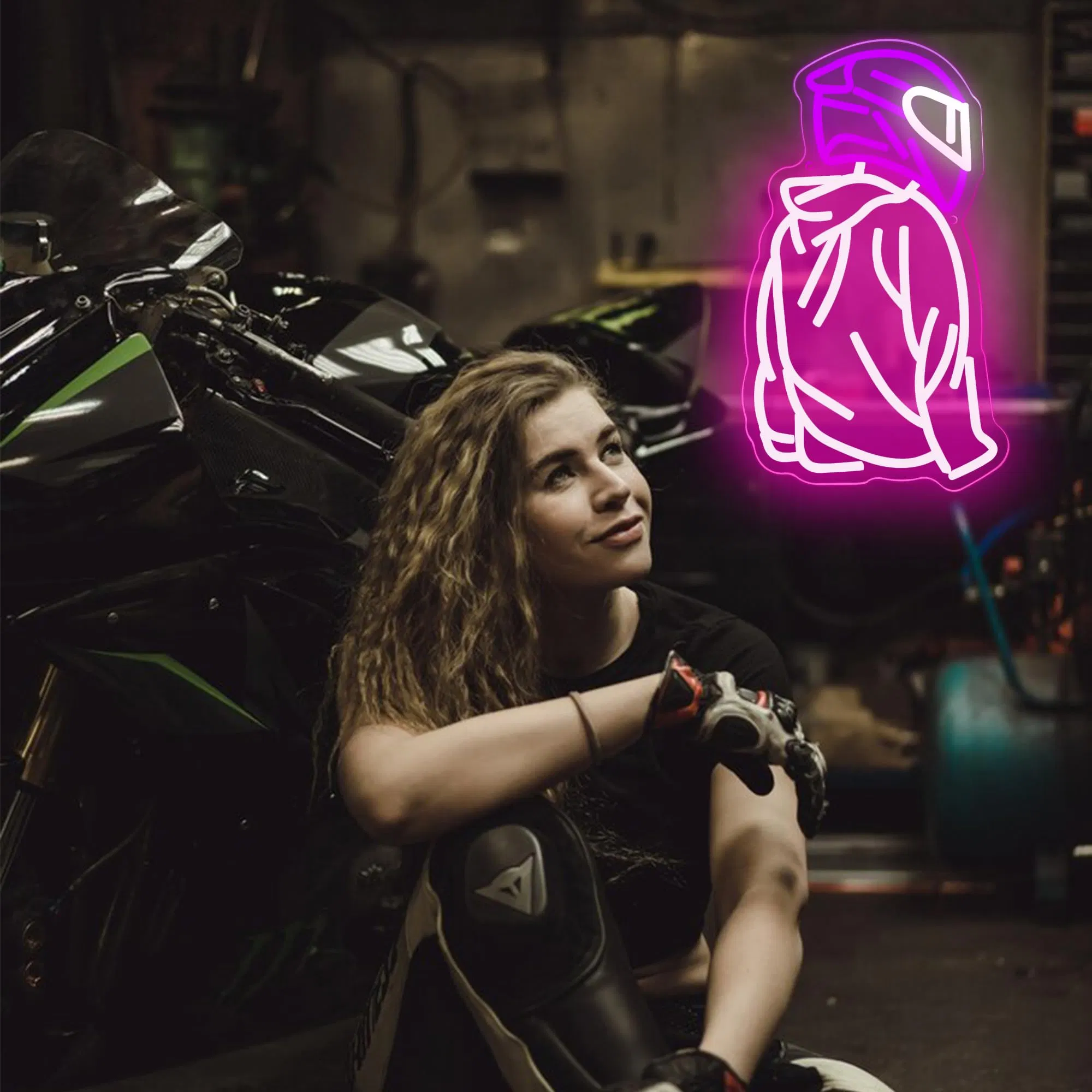 Motorcyclist Neon Sign 8.6"L×14.9"W (21.8×37.9cm) - Dimmable Motorcycle Helmet Neon Light, USB Powered Garage Decor for Man Cave Auto Repair Shop