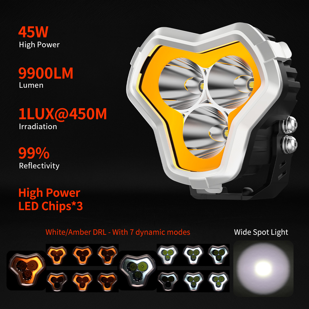 90W 9900LM Tri Spot Auxiliary Light With Amber White DRL Chasing Modes 4 Inch 4x4 Offroad A-pillar Hood Hinge Lights For Trucks