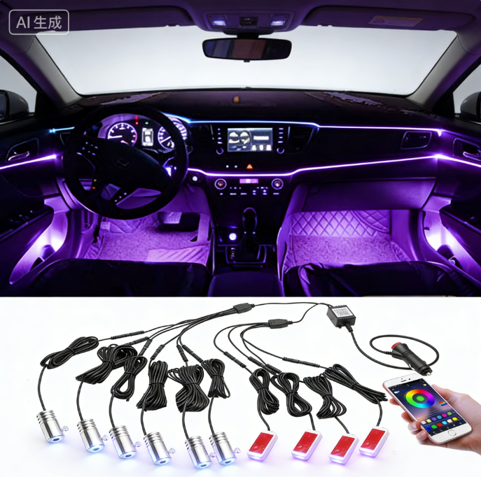 Smart Car Fiber Optic Ambient Light Kit-Silicone Gel 12V APP &amp; RF Remote Control Music Sync RGB Lighting for Retrofit/Upgrade