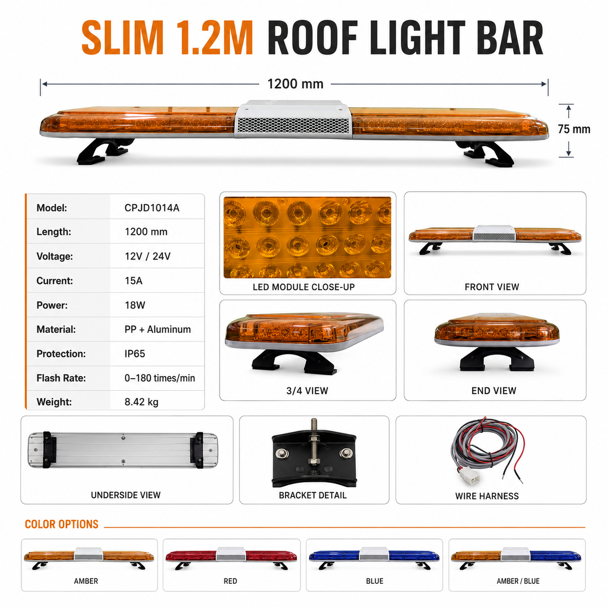1.2M LED Warning Light Bar DC 12V/24V Roof Mounted Strobe Light For Service And Utility Vehicles