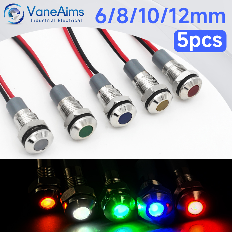 Metal Indicator Lights 6/8/10/12mm Power Signal Lights 3-6V 12-24V, 110V 220V Small Waterproof LED IP65