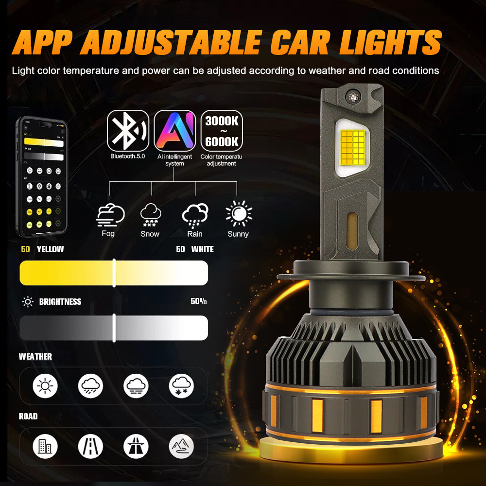 NEW V7 MAX Upgraded Version 100w 10000lm Adjustable Led Headlight Tri Color H1 H7 H11 H4 9005 9012 App Control for Universal Car